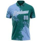 Custom Light Blue Teal-White 3D Pattern Design Abstract Brush Stroke Performance Polo Shirt