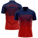 Custom Navy Red 3D Gradient Square Shape Performance Polo Shirt
