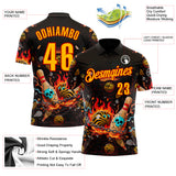 Custom Black Gold-Red 3D Flame Skull Bowling Performance Polo Shirt