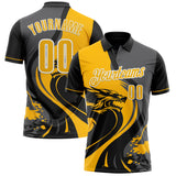 Custom Black Gold Steel Gray-White 3D Pattern Design Animal Wolf And Splash Performance Polo Shirt
