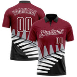Custom Crimson Black Gray-White 3D Pattern Design Geometric Shapes Performance Polo Shirt