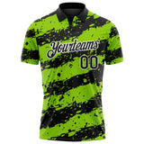 Custom Black Neon Green-White Paint Splash Stripe Performance Polo Shirt