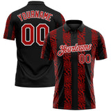 Custom Black Red-White 3D Pattern Abstract Floral Stripe Tribal Performance Polo Shirt