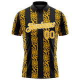 Custom Black Gold-White 3D Pattern Abstract Floral Stripe Tribal Performance Polo Shirt
