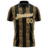 Custom Black Old Gold-White 3D Pattern Abstract Floral Stripe Tribal Performance Polo Shirt