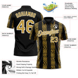 Custom Black Old Gold-White 3D Pattern Abstract Floral Stripe Tribal Performance Polo Shirt