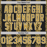 Custom Black Old Gold-White 3D Pattern Abstract Floral Stripe Tribal Performance Polo Shirt