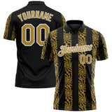 Custom Black Old Gold-White 3D Pattern Abstract Floral Stripe Tribal Performance Polo Shirt