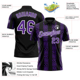 Custom Black Purple-White 3D Pattern Abstract Floral Stripe Tribal Performance Polo Shirt