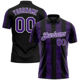 Custom Black Purple-White 3D Pattern Abstract Floral Stripe Tribal Performance Polo Shirt