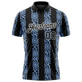 Custom Black Light Blue-White 3D Pattern Abstract Floral Stripe Tribal Performance Polo Shirt