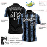 Custom Black Light Blue-White 3D Pattern Abstract Floral Stripe Tribal Performance Polo Shirt
