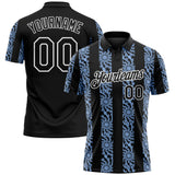 Custom Black Light Blue-White 3D Pattern Abstract Floral Stripe Tribal Performance Polo Shirt