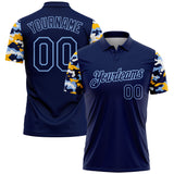 Custom Navy Light Blue Gold-White Digital Camo Two Tone Performance Polo Shirt
