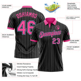 Custom Black White Pinstripe Pink-Light Blue Performance Polo Shirt