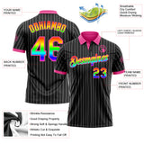 Custom Black White Pinstripe Rainbow-Pink Performance Polo Shirt