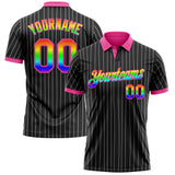 Custom Black White Pinstripe Rainbow-Pink Performance Polo Shirt