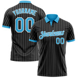 Custom Black White Pinstripe-Sky Blue Performance Polo Shirt