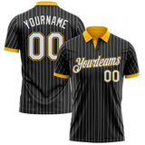 Custom Black White Pinstripe-Gold Performance Polo Shirt