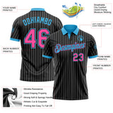 Custom Black White Pinstripe Pink-Sky Blue Performance Polo Shirt