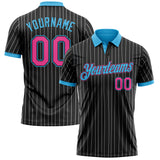 Custom Black White Pinstripe Pink-Sky Blue Performance Polo Shirt