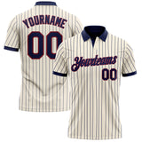 Custom Cream Navy Pinstripe-Crimson Performance Polo Shirt