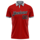 Custom Red Black Pinstripe-Gray Performance Polo Shirt