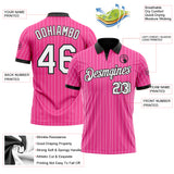 Custom Pink White Pinstripe-Black Performance Polo Shirt