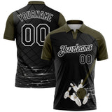 Custom Black Olive-White Bowling Geometric Grid Performance Polo Shirt