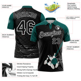 Custom Black Midnight Green-White Bowling Geometric Grid Performance Polo Shirt