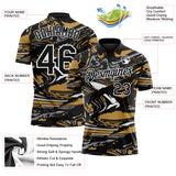 Custom Black Old Gold Gray-White 3D Pattern Abstract Fluid Marble Performance Polo Shirt