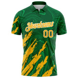 Custom Kelly Green Gold-White Brush Stroke Splatter Liquid Swirl Performance Polo Shirt