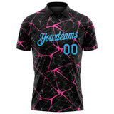 Custom Black Sky Blue-Pink 3D Pattern Abstract Network Crackle Performance Polo Shirt