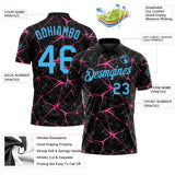 Custom Black Sky Blue-Pink 3D Pattern Abstract Network Crackle Performance Polo Shirt