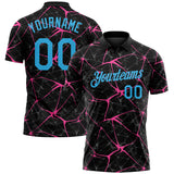 Custom Black Sky Blue-Pink 3D Pattern Abstract Network Crackle Performance Polo Shirt