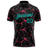 Custom Black Aqua-Neon Pink 3D Pattern Abstract Network Crackle Performance Polo Shirt