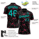 Custom Black Aqua-Neon Pink 3D Pattern Abstract Network Crackle Performance Polo Shirt