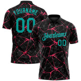 Custom Black Aqua-Neon Pink 3D Pattern Abstract Network Crackle Performance Polo Shirt