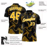 Custom Black Gold-White 3D Pattern Abstract Fluid Swirl Line Performance Polo Shirt