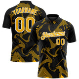 Custom Black Gold-White 3D Pattern Abstract Fluid Swirl Line Performance Polo Shirt