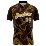 Custom Brown Old Gold-White 3D Pattern Abstract Fluid Swirl Line Performance Polo Shirt
