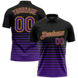 Custom Black Purple-Gold Horizontal Gradient Stripe Performance Polo Shirt
