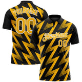 Custom Black Gold-White Geometric Zigzag Shape Lightning Performance Polo Shirt