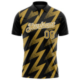 Custom Black Old Gold-White Geometric Zigzag Shape Lightning Performance Polo Shirt