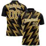 Custom Black Old Gold-White Geometric Zigzag Shape Lightning Performance Polo Shirt