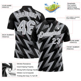Custom Black Gray-White Geometric Zigzag Shape Lightning Performance Polo Shirt