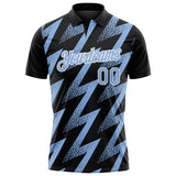 Custom Black Light Blue-White Geometric Zigzag Shape Lightning Performance Polo Shirt