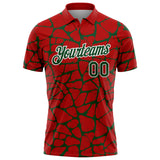 Custom Red Green-White 3D Pattern Abstract Network Crackle Performance Polo Shirt