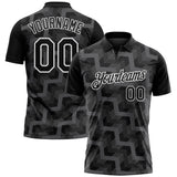 Custom Black Steel Gray-White Geometric Block Diagonal Line Hatching Performance Polo Shirt