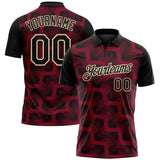 Custom Black Crimson-Cream Geometric Block Diagonal Line Hatching Performance Polo Shirt
